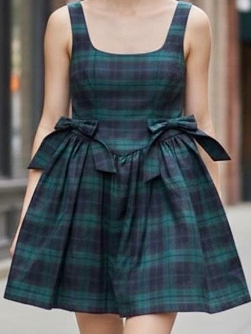 Avec Les Filles NWT Plaid blue green Square Neck Mini Dress Bow Detail 6 NWT - Picture 8 of 8